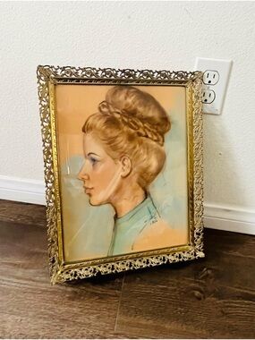 Original 1960 Watercolor portrait Women In Metal Frame 12/15 Inch